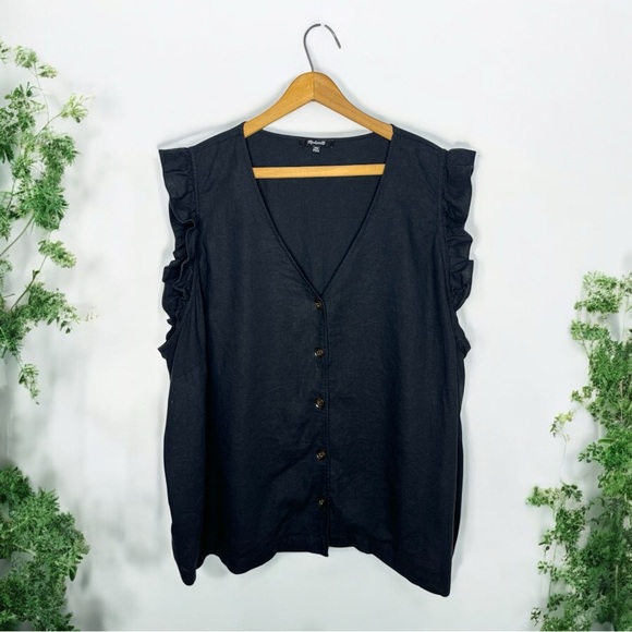 MADEWELL Linen Blend Ruffle Button Front Black Sleeveless Blouse Plus Size Top - Picture 11 of 11